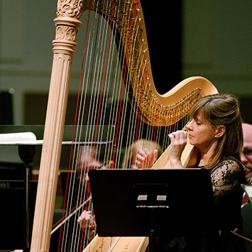 white woman in orchestra playing a harp behind music stand