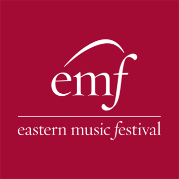 Image of white EMF logo on our theme color dark red background. This is used as an image placeholder if no image of the featured person is available.